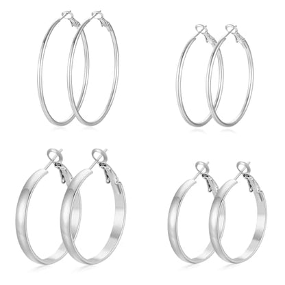 4 Pairs Silver Gold Hoop Earrings for Women | 14K Gold Plated Hoop Earrings Set Hypoallergenic Earring Lightweight Dangle Earrings Set - color: 4 Pairs Silver-(4mm Wide & Thin)