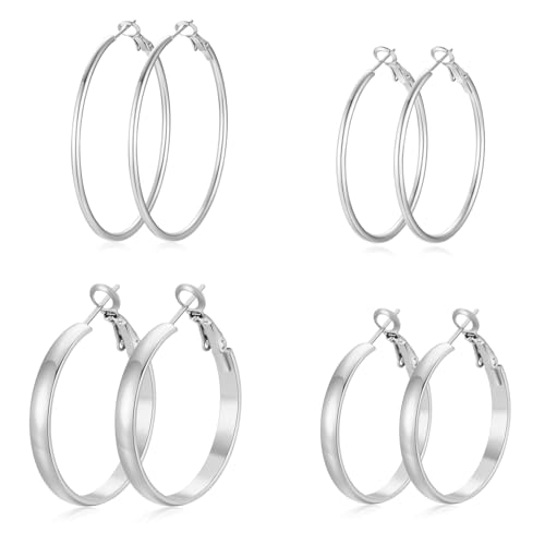 4 Pairs Silver Gold Hoop Earrings for Women | 14K Gold Plated Hoop Earrings Set Hypoallergenic Earring Lightweight Dangle Earrings Set - color: 4 Pairs Silver-(4mm Wide & Thin)