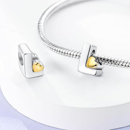 Two-Tone Gold Heart S925 Silver Letter Charm Fits Pandora Bracelet Necklace | Initial Bead Two-Tone Gold Heart, DIY European Bracelet Accessory, Gift for Ladies Birthday Anniversary Valentine - style: L