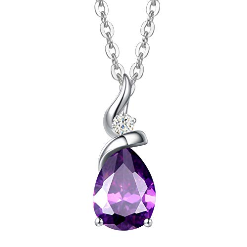 FANCIME 14K Solid White Gold Birthstone Pendant Necklace for Women with Diamond Pear Shaped Teardrop Necklace Birthday Gifts for Mom Women,Sterling Silver Chain 16" + 2" Extender - color: 02-Amethyst