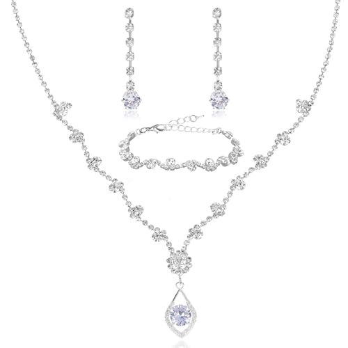 CAVETEE Jewelry Set - Prom Jewelry Crystal Bridal Necklace, Bracelet & Pendant Earring Jewelry Set for Women - style: Rhombic crystal