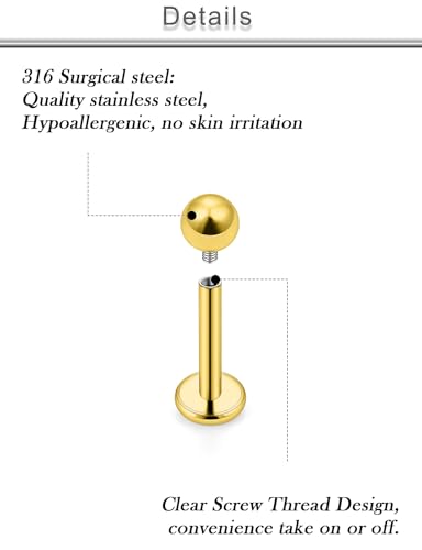 18G 16G 14G Lip Labret Medusa Nose Rings Studs Flat Back Earrings Internally Threaded 316L Surgical Steel Snake Bites Lip Rings Cartilage Tragus Helix Conch Earring Stud 6mm 7mm 8mm - color: Gold-18G（1.0mm)-6mm 7mm 8mm Bars-3mm CZ