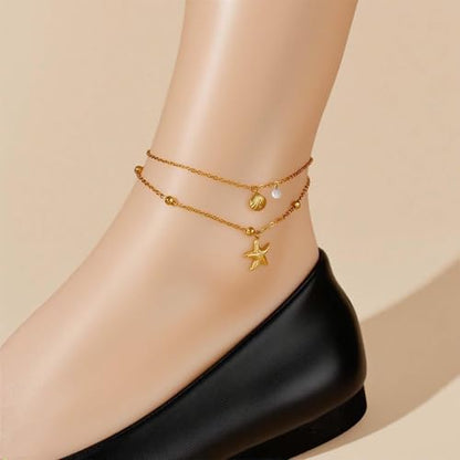 Gold Ankle Bracelets for Women Waterproof Shell Starfish Pearl Anklets Dainty Beach Anklet Adjustable Link Chain Cute Stainless Steel Anklets Summer Beach Jewelry