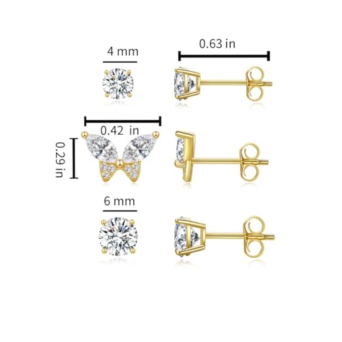 Butterfly Stud Earrings Set for Women, Small CZ Earrings Studs Set | 14K Gold Plated Stud Earring 3 Stack, Hypoallergenic with S925 Silver Posts, Everyday Jewelry Set for Women’s Daily Styling - color: 14k gold