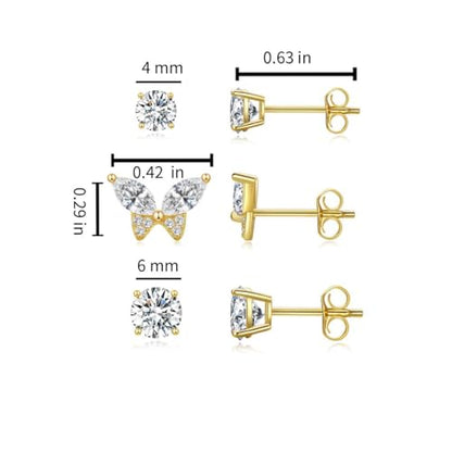 Butterfly Stud Earrings Set for Women, Small CZ Earrings Studs Set | 14K Gold Plated Stud Earring 3 Stack, Hypoallergenic with S925 Silver Posts, Everyday Jewelry Set for Women’s Daily Styling - color: 14k gold