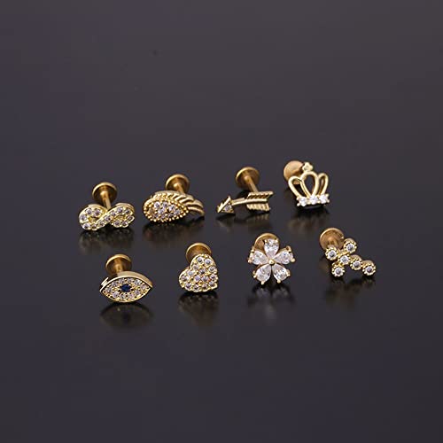 Cross Evil Eye Flower Love Heart CZ 16g Labret Cartilage Tragus Monroe Lip Nose Helix Studs Earrings Stainless Steel Cubic Zirconia Small Tiny Little Piercings Jewelry Gifts for Women Her Birthday Bff - style: gold