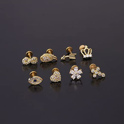 Cross Evil Eye Flower Love Heart CZ 16g Labret Cartilage Tragus Monroe Lip Nose Helix Studs Earrings Stainless Steel Cubic Zirconia Small Tiny Little Piercings Jewelry Gifts for Women Her Birthday Bff - style: gold