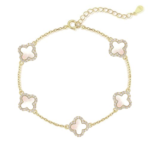 925 Sterling Silver Four Leaf Clover Bracelet – Real Silver Lucky Clover Jewelry for Women, Dainty Good Luck Gift for Her - color: Gold – Mother of Pearl