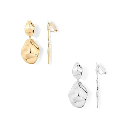 FAN&LOUIS Gold Silver Clip On Dangle Earrings Women,14K Gold Teardrop Statement Dangle Earrings Clips Lightweight Hammered Drop Dangle Clip-on Earrings for Women - style: Gold and Silver