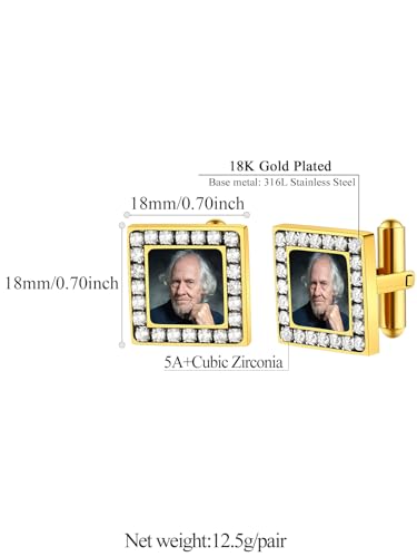 FindChic Stainless Steel Round Cufflinks with Custom Text/Picture/Monogram Letters 18K Gold Plated/Black Color for Men Groom Suits Shirts, with Gift Box - style: 02. CZ custom photo-square (gold plated)