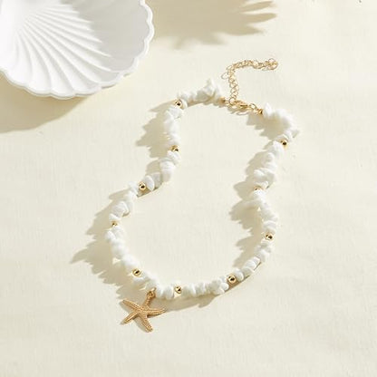 Gold Starfish Necklace Natural Stone Beaded Necklaces for Women Boho Handmade Irregular Stone Bead Necklace Summer Beach Ocean Jewelry Gift - color: White