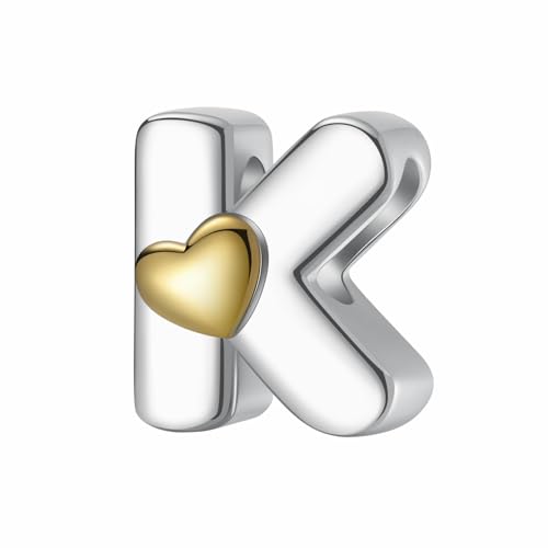 A~Z Alphabet Charm Letter Beads 925 Sterling Silver with Heart-shaped 5A Cubic Zircon Stones fits Pandora European Bracelets Necklace Jewelry Gift for Women - style: K Letter Charms