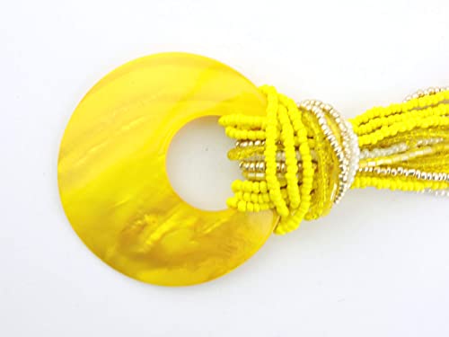 Coiris Multi Strand Statement Colorful Beaded Necklace with Big Circle Shell Pendant for Women - color: Yellow
