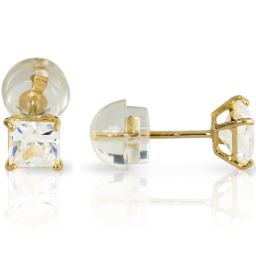 14k Solid Yellow OR White Gold Solitaire Round OR Square Cubic Zirconia Earrings Studs For Women - Small Fine CZ Solitaire Earrings, Dainty Studs, Lightweight Jewelry, Push Back, Screw Back - Available in 3 Sizes - color: Square Yellow Gold, size: 4mm