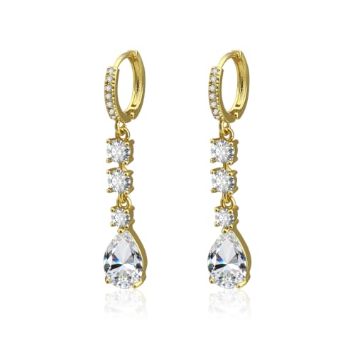 Dangle Earrings for Women, 14K Gold Plated Long Tassel Zircon CZ Huggie Drop Earrings, Trendy Long Chain Earrings for Wedding Party Prom Jewelry Gift - style: Pave CZ