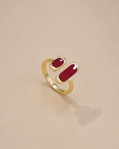 SNGIA 18K Gold Plated Maroon Burgundy Red Enamel Square Rectagnular Adjustable Statement Open Ring for Women by SNGIA, Dainty Irregular Geometric Summer Beach Unique Stackable Wedding Date Birthday Gift, Bohemian Irregular Trendy Navy Jewelry, Textured Pa