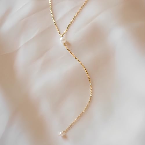 Dainty Gold Necklace for Women, Cute Long Necklace 14K Gold Plated CZ Lips Bead Y Shaped Lariat Necklace Simple Gold Choker Necklace Aesthetic Drop Necklace Trendy Gold Jewelry for Women - color: Gold-Long Pearl Necklace