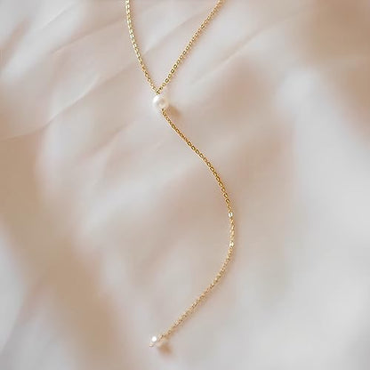 Dainty Gold Necklace for Women, Cute Long Necklace 14K Gold Plated CZ Lips Bead Y Shaped Lariat Necklace Simple Gold Choker Necklace Aesthetic Drop Necklace Trendy Gold Jewelry for Women - color: Gold-Long Pearl Necklace