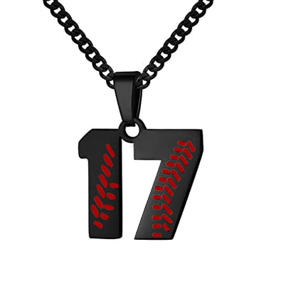 Hatti Doris Baseball Number Necklace for Men 00-99 - Jersey Number Necklace with Stainless Steel Gold Plated Chain & Baseball Charm Pendant - color: Black, style: 17