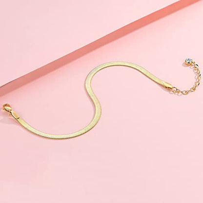 Ankle Bracelets for Women,14K Gold Plated Snake Chain Anklet for Women Beach Cute Anklets - color: Gold / 4mm