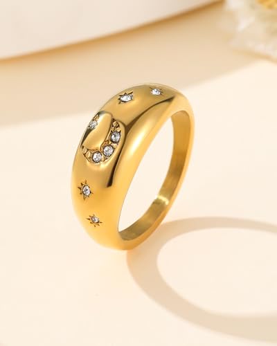 YeGieonr Gold Rings for Women Non Tarnish, 18K Gold Plated Stainless Steel North Star Signet Ring, Waterproof Dainty Pinky Statement Ring, Tarnish Free Gold Jewelry for Women - color: Moon&Star Dome