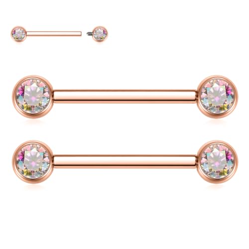 FUNLMO 2pcs Nipple Piercing Jewelry Titanium Nipple Rings Internally Threaded Tongue Rings Bridge Piercing Jewelry Nipple Barbells 14G 12-20mm - color: Rose gold,Aurora Borealis CZ