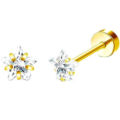 Stainless Steel Stud Earring 1 Pair Gold Flatback Earrings Hypoallergenic Screwback Jewellery Flat Back Helix Jewelry for Sensitive Ears Women Ladies Aretes De Mujer - style: Zircon Pentagram