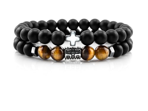Flybar Men's 4 Piece Beaded Bracelet Set, Natural Lava Stone Black Onyx Matte Agate Tiger Eye, Stretchable Elastic Handmade Stackable - color: CK04 Cross Tiger eye 4