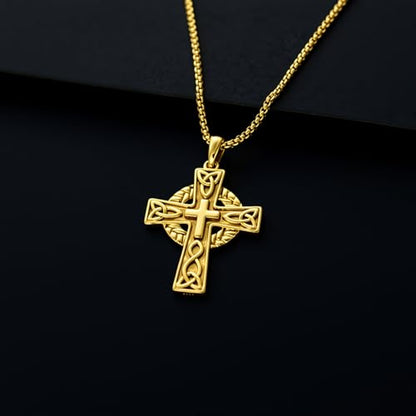 Celtic Cross Necklace For Men ，18K Gold Plated Celtic Cross Celtic Amulet Necklace Protection Jewelry Religious Gifts with 2.5mm 22"+2" Adjustable Rolo Chain - style: style5