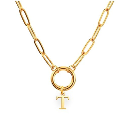 Paperclip Chain Carabiner Initial Charm Holder Necklace by Ginger Lyne | 18K Gold-Plated or Silver Tone Paperclip Chain with Carabiner Charm Holder, Adjustable 18-20 Inch, A-Z Initial Pendant - color: Gold-T