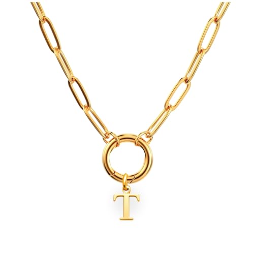 Paperclip Chain Carabiner Initial Charm Holder Necklace by Ginger Lyne | 18K Gold-Plated or Silver Tone Paperclip Chain with Carabiner Charm Holder, Adjustable 18-20 Inch, A-Z Initial Pendant - color: Gold-T