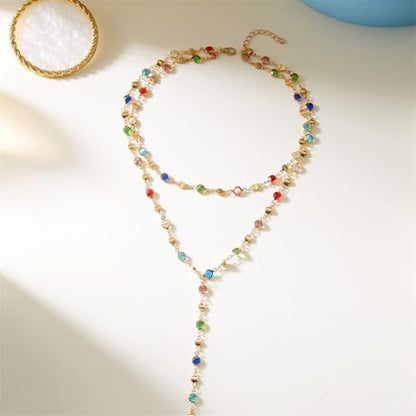Colorful Rhinestone Long Necklaces for Women,Boho Small Crystal Drop Necklace,Boho Rhinestone Layered Necklaces - color: Golden