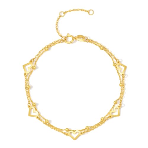 ZHOU LIU FU 18K Yellow Gold Charm Bracelet Hollow Heart Star Butterfly Charms Delicate Double Chain Bracelets Adjustable Cute Jewelry for Women Her Mom Daughter Birthday Anniversary 16+3cm/6.3-7.5" - style: Heart