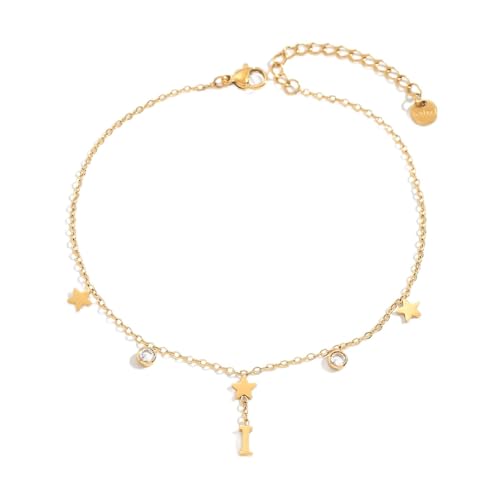 Initial Anklet for Women, 18K Gold Plated Waterproof Ankle Bracelet, Star CZ Letter A-Z Personalized Beach Foot Jewelry - color: I