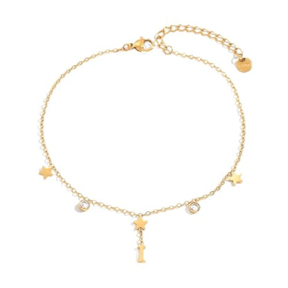Initial Anklet for Women, 18K Gold Plated Waterproof Ankle Bracelet, Star CZ Letter A-Z Personalized Beach Foot Jewelry - color: I