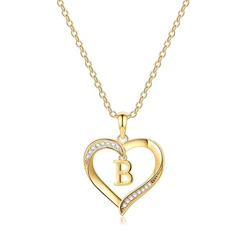 Yesteel Heart Initial Necklaces for Women, 14K Gold Plated Cubic Zirconia Heart Pendant Necklace, Dainty Initial Charm Necklace Letter A to Z Jewelry for Women Girls - style: B