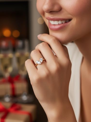 FWM 2 Carat Moissanite Toi Et Moi Open Ring for Women, Adjustable Engagement Wedding Ring, Solid Sterling Silver With Gold Plated, Anniversary Birthday Christmas Valentines Jewelry Gift - color: Yellow Gold, size: 6