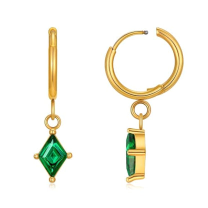 Surgical Steel Hoop Earrings for Women - Hypoallergenic Small Cartilage Huggies with Cubic Zirconia Dangle - color: Green-18K Gold Plated