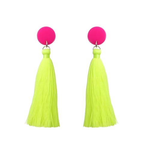 80s 90s Neon Tassel Dangle Earrings, Long Colorful Fringe Drop Earrings for Women, Retro Costume Jewelry for Party & Festival