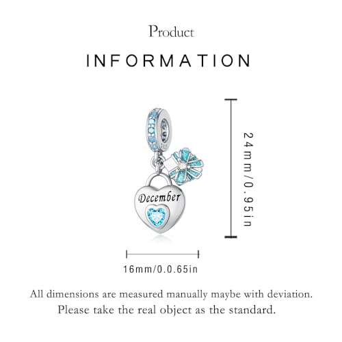 LNQOBU 925 Sterling Silve Heart-shaped Birthstone Charm for Bracelets, With 5A Cubic Zirconia Birthday Charms Dangle Pendant Bead for Pandora Bracelets - color: L-December