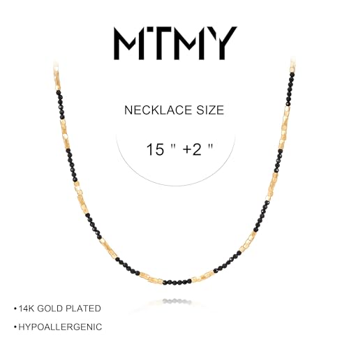 MTMY Beaded Gemstone Choker Necklace for Women | 14K Gold Plated, Colorful Natural Stone, Bead Chain, Boho Summer Beach, Handmade Jewelry - color: Black Spinel
