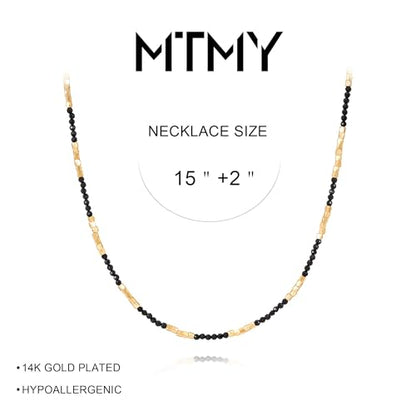 MTMY Beaded Gemstone Choker Necklace for Women | 14K Gold Plated, Colorful Natural Stone, Bead Chain, Boho Summer Beach, Handmade Jewelry - color: Black Spinel