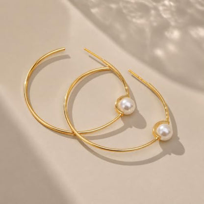 OwMell Large Hoop Earrings for Women 925 Sterling Silver Post 14K Gold Plated Big Hoops Earrings Trendy Pearl Cubic Zirconia Hoop Earrings - color: Pearl Gold Small