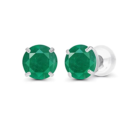 Solid 925 Sterling Silver Gold Plated 6mm Round Genuine Birthstone Gemstone Hypoallergenic Stud Earrings For Women - color: Emerald Genuine