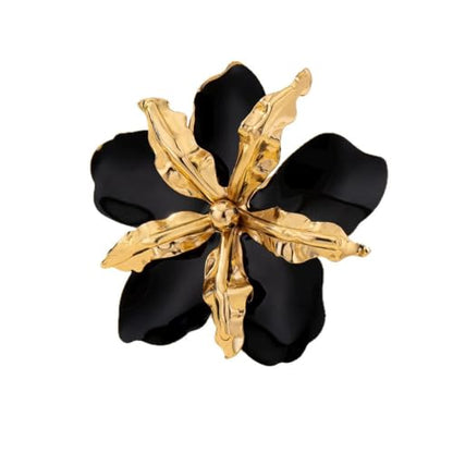 Retro Large Gold Leaves Black Red Enamel Flower Ring for Women Jewelry Gift | Bold Oil Drip Light Red Floral Irregular Petals Statement Gold Leaf Joint Finger Ring Punk Vacation Y2k Party Boho Accessory - color: Black