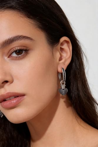 925 Silver Dangle Earrings for Women Sparkly Trendy Dainty Cute Crown Heart Cross CZ Drop Earring Fun Bling Asymmetrical 2000s Y2k Fashion Huggie Hoops Dangling Streetwear Jewelry Accessories - color: Bk