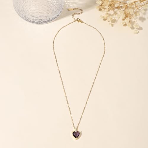 Heart Birthstone Necklace for Women, 14K Gold Plated Birthstone Pendant Necklace Cubic Zirconia Diamond Necklace Dainty Gold Necklace Birthday Gifts for Women Girls - color: 02. February(Amethyst)
