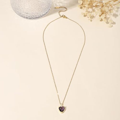 Heart Birthstone Necklace for Women, 14K Gold Plated Birthstone Pendant Necklace Cubic Zirconia Diamond Necklace Dainty Gold Necklace Birthday Gifts for Women Girls - color: 02. February(Amethyst)