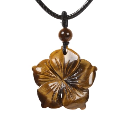 Justinstones Hand Carved Healing Crystals Gemstone Hawaii Flower Pendant Hand Weaving Wax Rope Necklace 22 inch - color: Yellow Tiger Eye