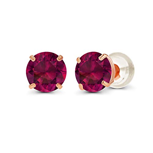Solid 14K Yellow or White or Rose Gold 6mm Round Genuine Birthstone Gemstone Prong Set Stud Earrings For Women - color: Ruby Created